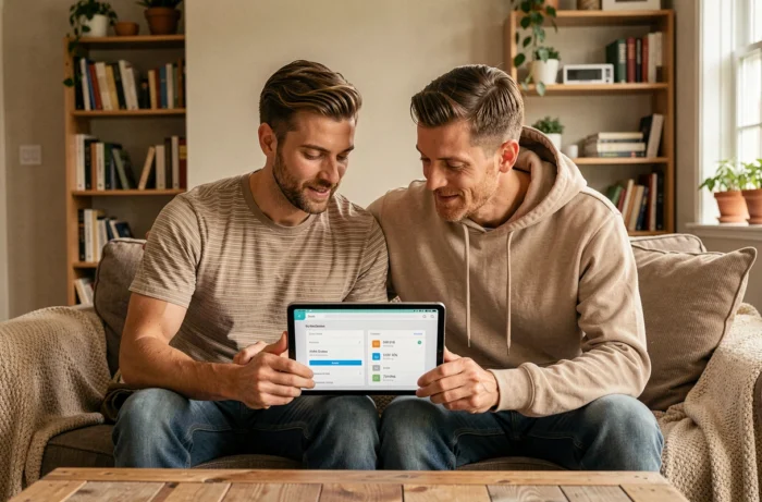 Couple consultant une application domotique sur tablette pour gérer leur maison connectée