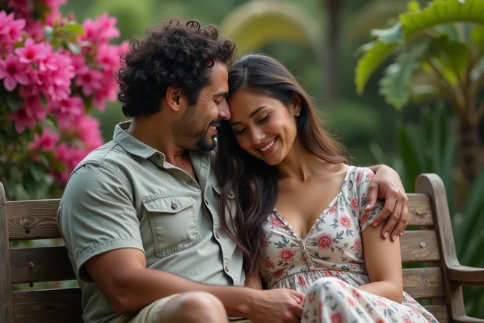 Couple latino-américain assis dans un jardin tropical, histoire d'amour intime évoquant Pablo Escobar et Tata