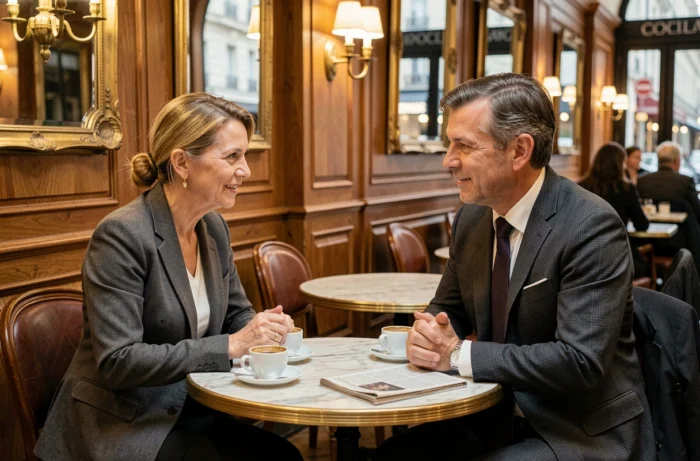 Couple élégant d'une cinquantaine d'années partageant un moment intime dans une brasserie parisienne classique