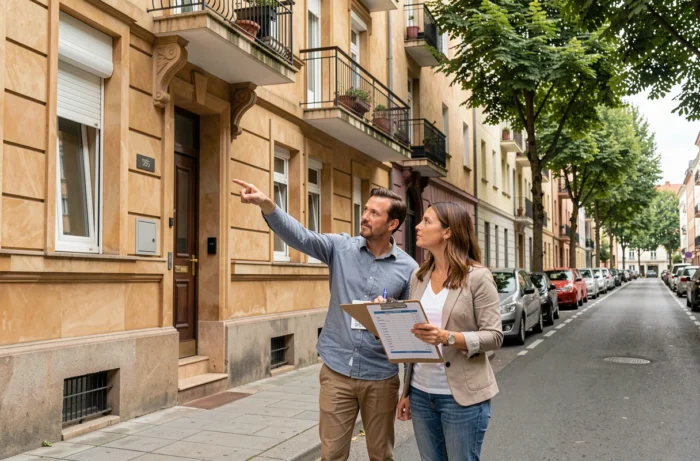 Couple d'investisseurs évaluant un immeuble locatif en extérieur dans un quartier résidentiel urbain européen
