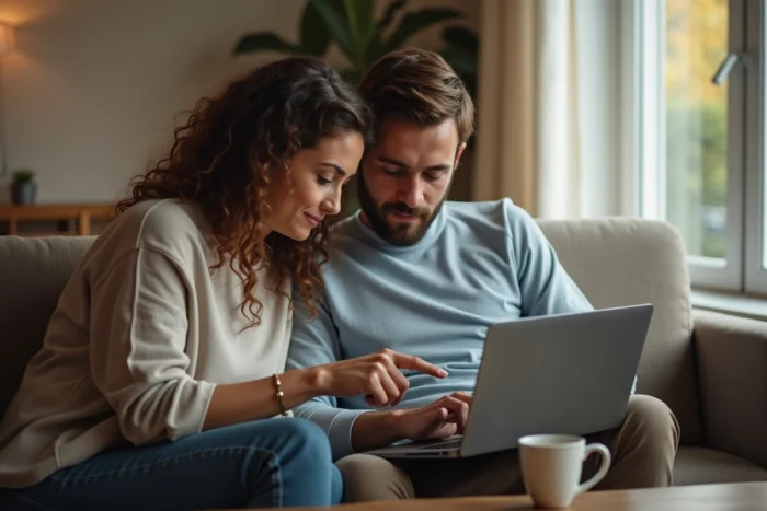 Couple consultant un forum de conseils pratiques sur les délais de réponse de la commission d'attribution de logement social