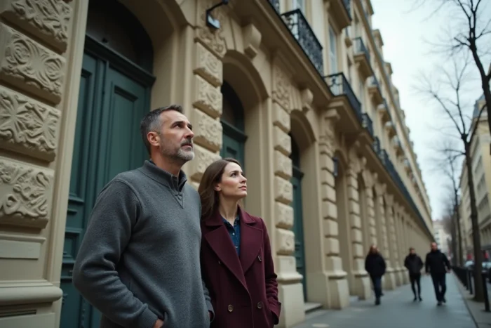 Couple devant un immeuble haussmannien parisien cherchant un logement social via Loc'annonces