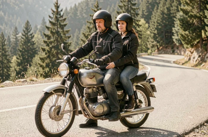 Couple à deux sur une moto 125 2 temps sur une route de montagne sinueuse