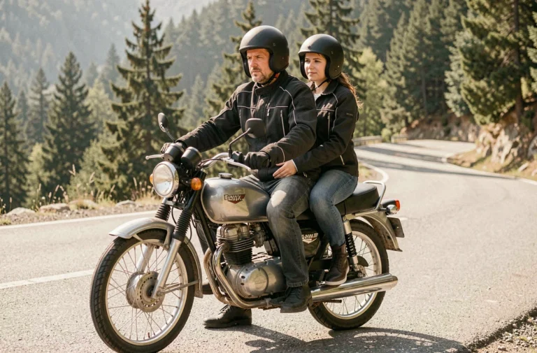 Couple à deux sur une moto 125 2 temps sur une route de montagne sinueuse
