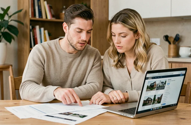 Couple consultant des documents immobiliers à la table de cuisine pour préparer leur projet d'achat