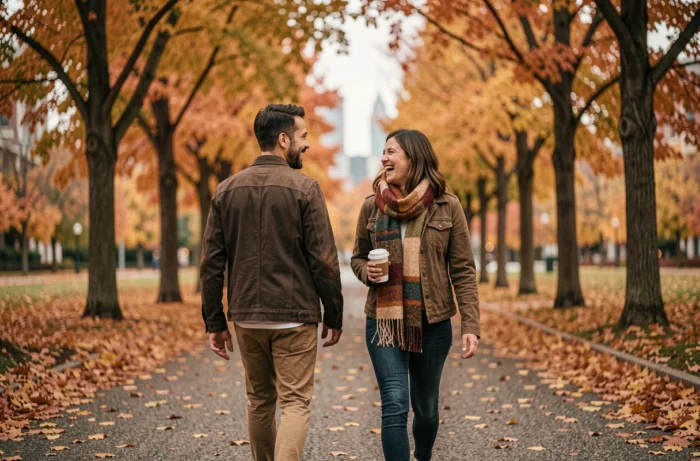 Un couple se promène et rit ensemble dans un parc en automne lors d'un troisième rendez-vous réussi, dans une atmosphère détendue et complice