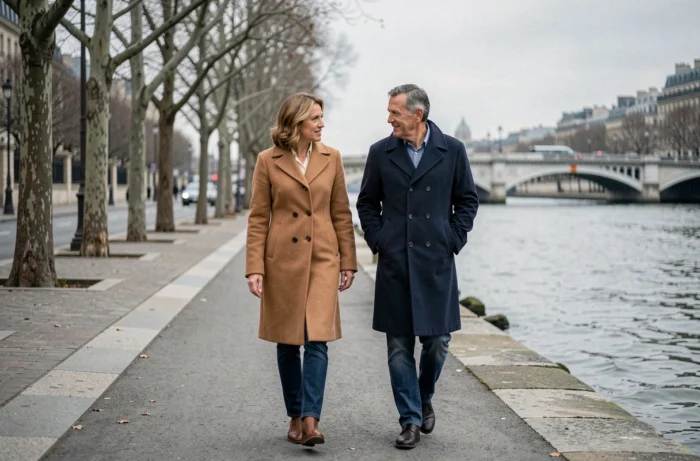 Couple sophistiqué se promenant le long des quais de la Seine à Paris en manteau élégant