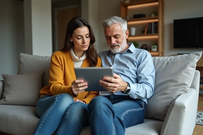 Couple recherchant des annonces immobilières ensemble sur une tablette dans leur salon