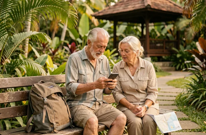 Couple de seniors expatriés comparant des offres d'assurance santé sur smartphone dans un jardin tropical