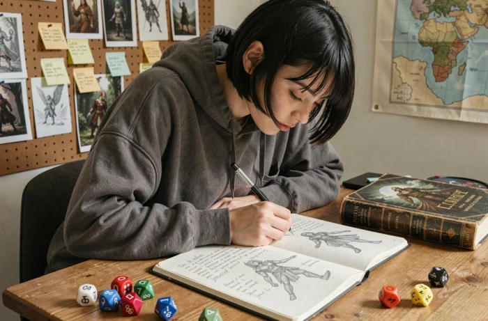 Jeune femme créant une feuille de personnage pour un jeu de rôle dans un bureau personnel entouré de dés et de livres de règles
