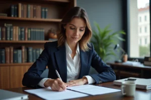 Femme professionnelle examinant des documents juridiques pour la création d'une SCI dans un bureau notarial moderne à Paris