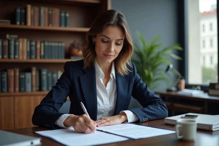 Femme professionnelle examinant des documents juridiques pour la création d'une SCI dans un bureau notarial moderne à Paris