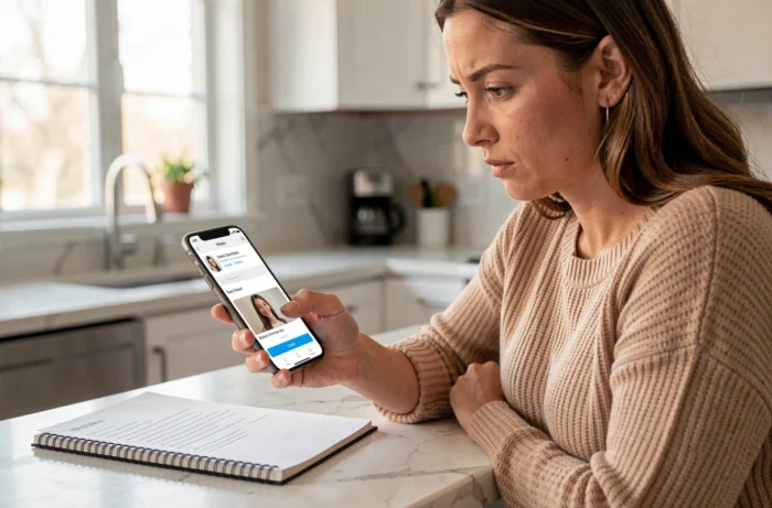 Femme créant un profil Rencontres sur son smartphone pour vérifier les amis en commun sur une application de réseau social