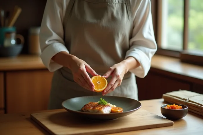 Donna giapponese che spremere sudachi su un pesce grigliato in una cucina tradizionale giapponese