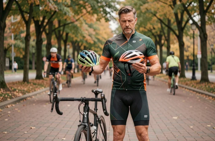 Male cyclist comparing two bike helmets outdoors to optimize his road sports equipment