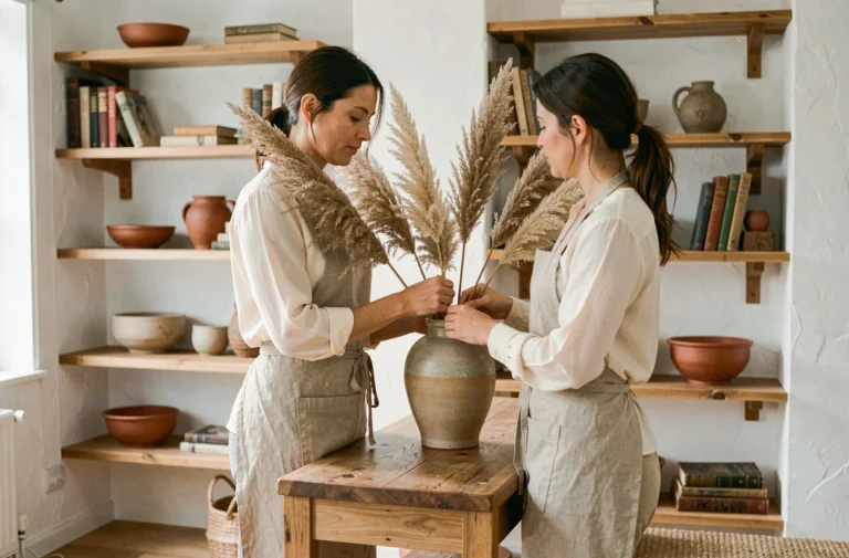 Femme arrangeant des herbes de pampa dans un vase en céramique dans un salon au style scandinave épuré