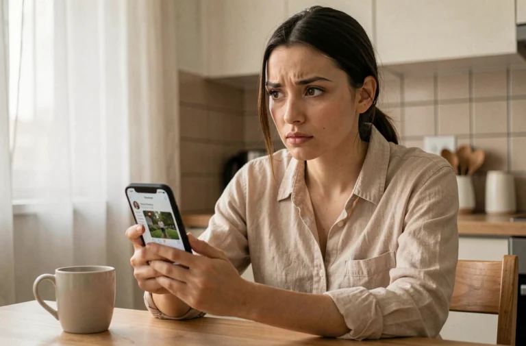Femme regardant son smartphone d'un air suspicieux, cherchant des indices sur l'utilisation discrète d'une application de rencontres