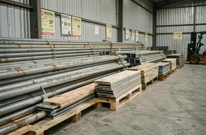 Entrepôt de location d'échafaudages professionnel avec rangées de tubes en acier, planches en bois et accessoires métalliques organisés sur palettes