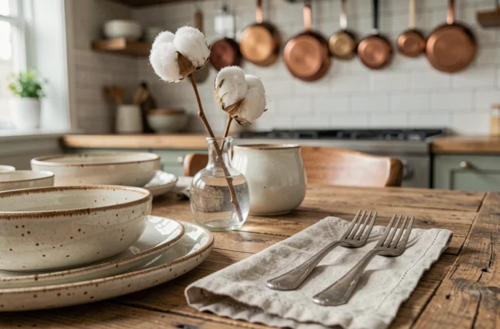 Détail de table en bois rustique avec vaisselle artisanale en céramique et nappe en lin pour une décoration intérieure authentique