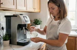 Femme versant du vinaigre blanc dans le réservoir d'une cafetière Tassimo Bosch pour un détartrage naturel sans pastille