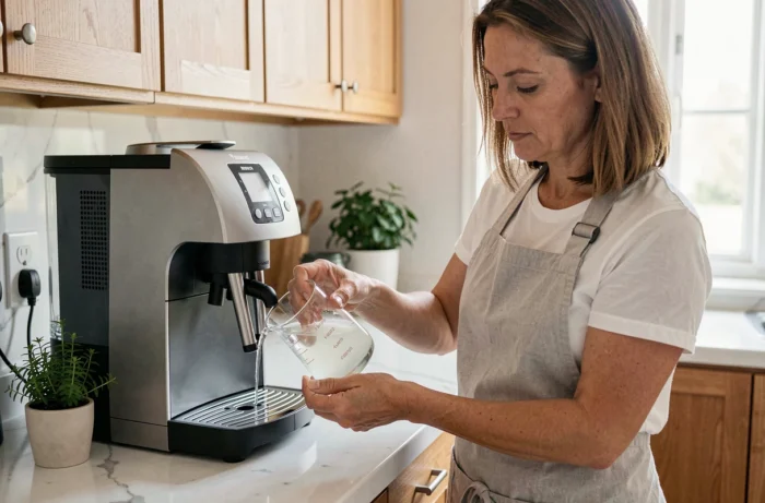 Femme versant du vinaigre blanc dans le réservoir d'une cafetière Tassimo Bosch pour un détartrage naturel sans pastille