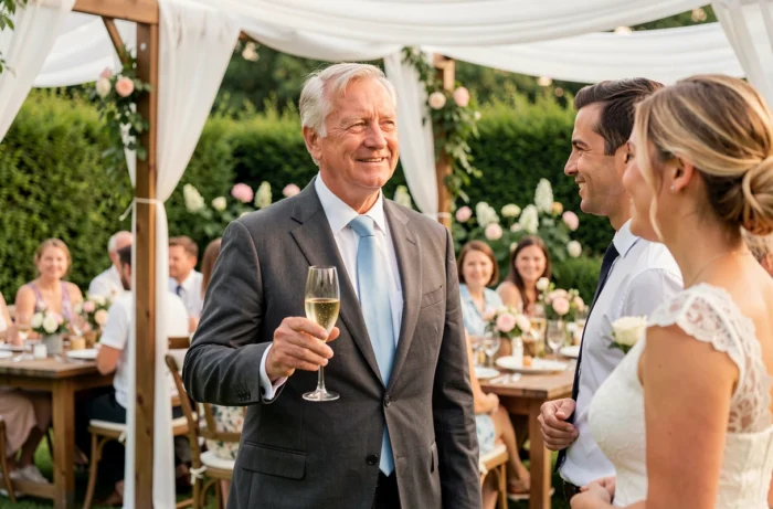 Père portant un toast champagne lors d'un discours de mariage en jardin extérieur
