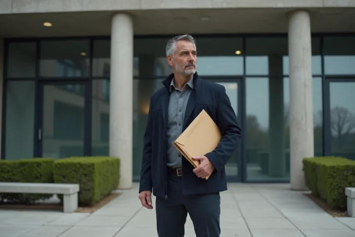 Homme devant un office de logement social tenant son dossier en attendant la décision de la commission d'attribution HLM