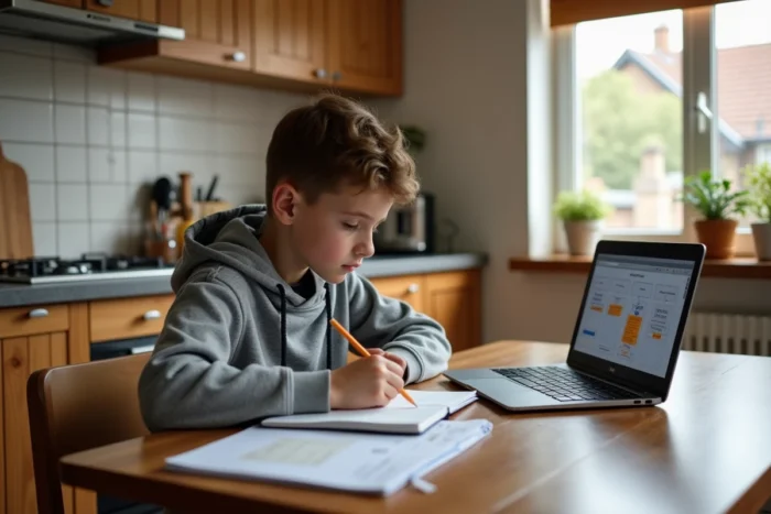 Adolescent consultant le programme Ma Classe 2023 sur ordinateur portable à la maison avec ses cahiers scolaires