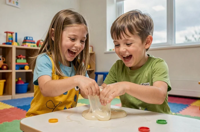 Deux enfants en train de pétrir un slime collant sur une table d'activités dans une salle de jeux colorée