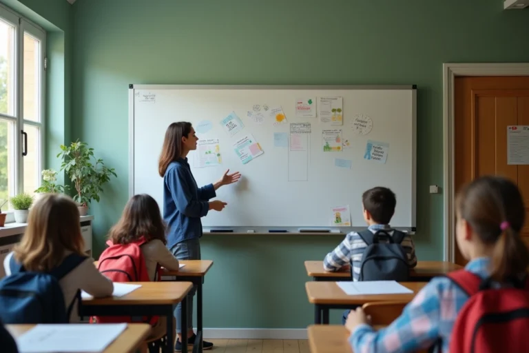 Enseignante expliquant le programme Ma Classe 2023 à des élèves de collège dans une salle de classe moderne en France