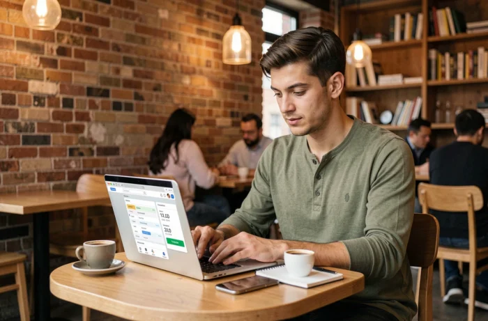 Entrepreneur travaillant sur sa stratégie de présence digitale dans un café urbain avec un ordinateur portable