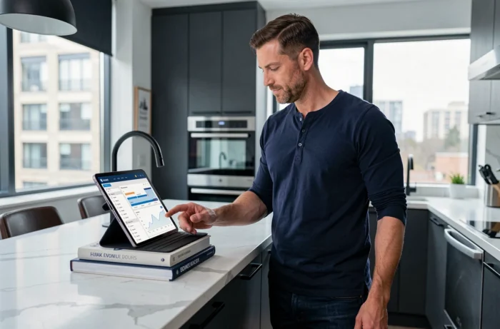 Entrepreneur masculin gérant son activité en ligne via une tablette dans une cuisine moderne contemporaine