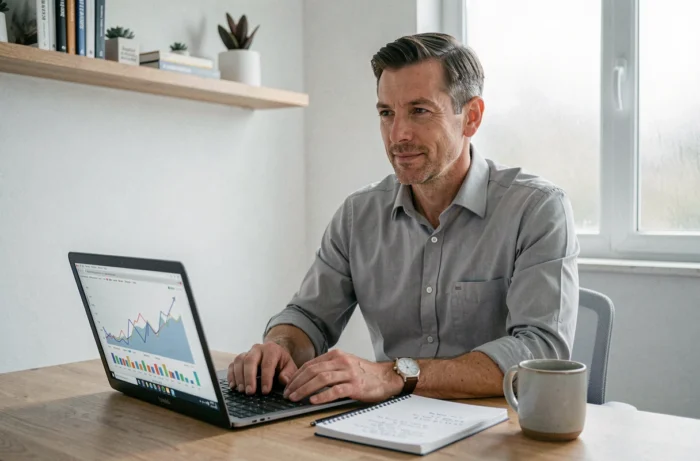 Entrepreneur travaillant sur ses objectifs business depuis un bureau à domicile minimaliste