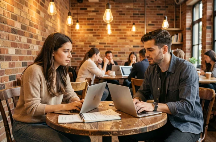 Deux entrepreneurs collaborant sur la gestion de leur activité en ligne dans un café avec des ordinateurs portables et des notes