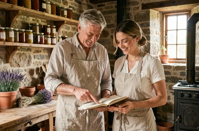 Père et fille dans une cuisine de ferme française rustique consultant un carnet de recettes familiales