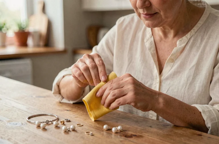Femme polissant une bague en or avec une chamoisine sur une table en bois entourée de bijoux