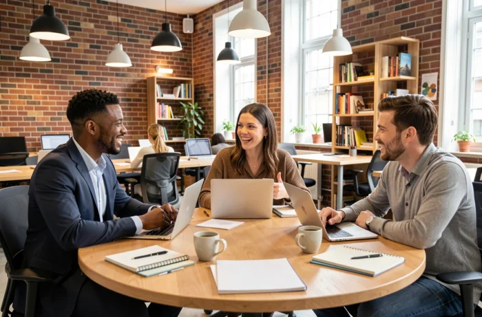 Équipe de professionnels en réunion collaborative autour d'une table dans un espace de coworking