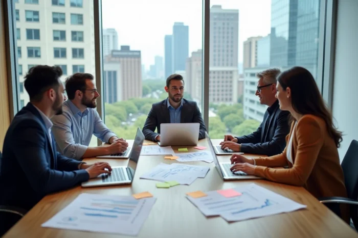 Équipe de professionnels en réunion stratégique autour d'une table de conférence avec rapports et ordinateurs portables, symbolisant la collaboration pour booster la croissance d'une entreprise