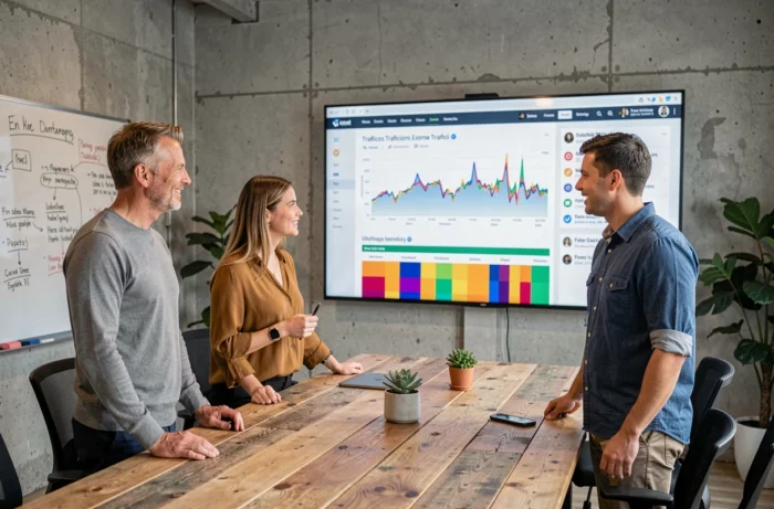 Équipe professionnelle collaborant autour d'un tableau de bord d'analyse digitale lors d'une réunion stratégique