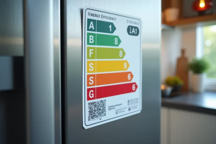Gros plan sur une étiquette de classe énergétique européenne collée sur la porte d'un réfrigérateur en inox