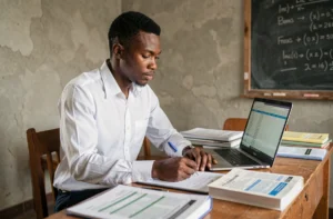 Étudiant congolais préparant ses examens d'expertise comptable sur un bureau chargé de livres de comptabilité en RDC