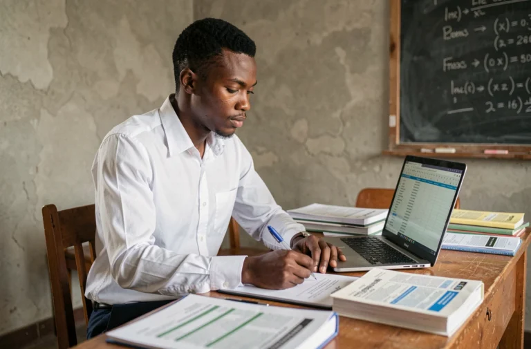 Étudiant congolais préparant ses examens d'expertise comptable sur un bureau chargé de livres de comptabilité en RDC