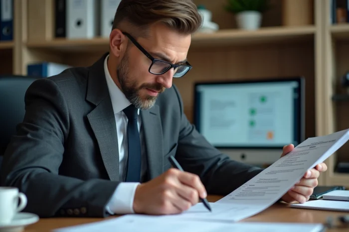 Évaluateur consultant un dossier de titre professionnel avec des notes de critères d'évaluation