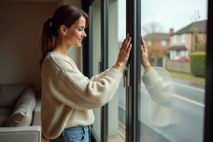Femme évaluant la qualité d'un double vitrage depuis l'intérieur d'un salon moderne