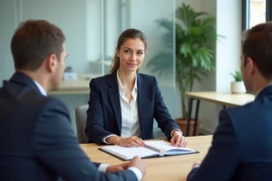 Candidate passant une évaluation de titre professionnel devant un jury dans une salle de réunion moderne