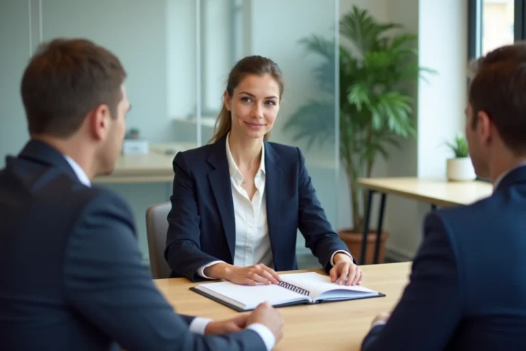 Candidate passant une évaluation de titre professionnel devant un jury dans une salle de réunion moderne