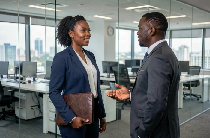 Expert-comptable femme en réunion professionnelle dans un bureau moderne de Kinshasa en République Démocratique du Congo
