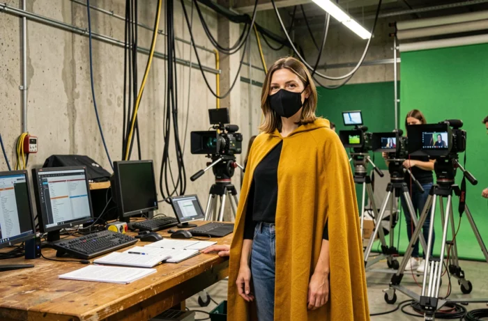 Fantômette en coulisses d'un tournage de série télévisée entourée d'équipements cinématographiques professionnels
