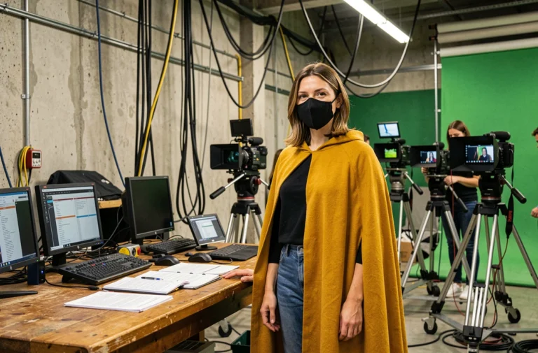 Fantômette en coulisses d'un tournage de série télévisée entourée d'équipements cinématographiques professionnels
