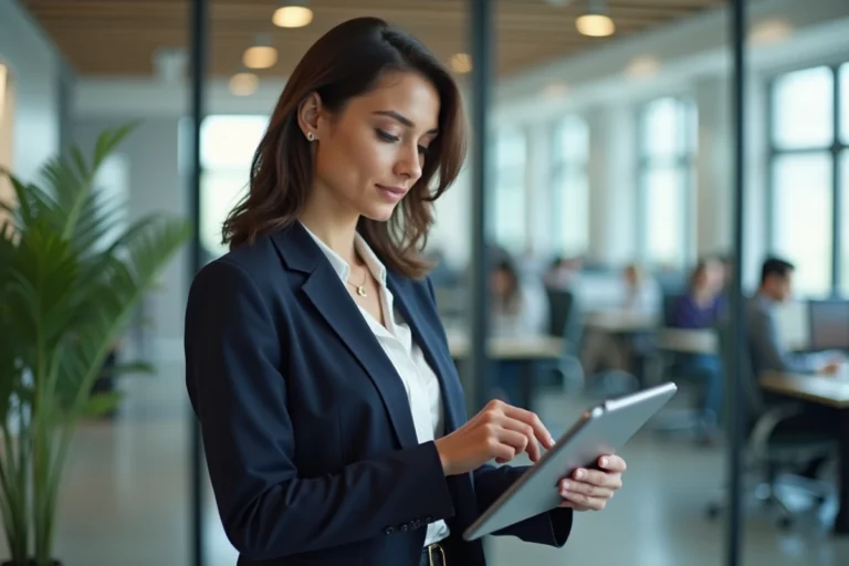 Femme d'affaires en blazer marine consultant une tablette dans un bureau moderne en open space, illustrant les services de croissance pour entreprises
